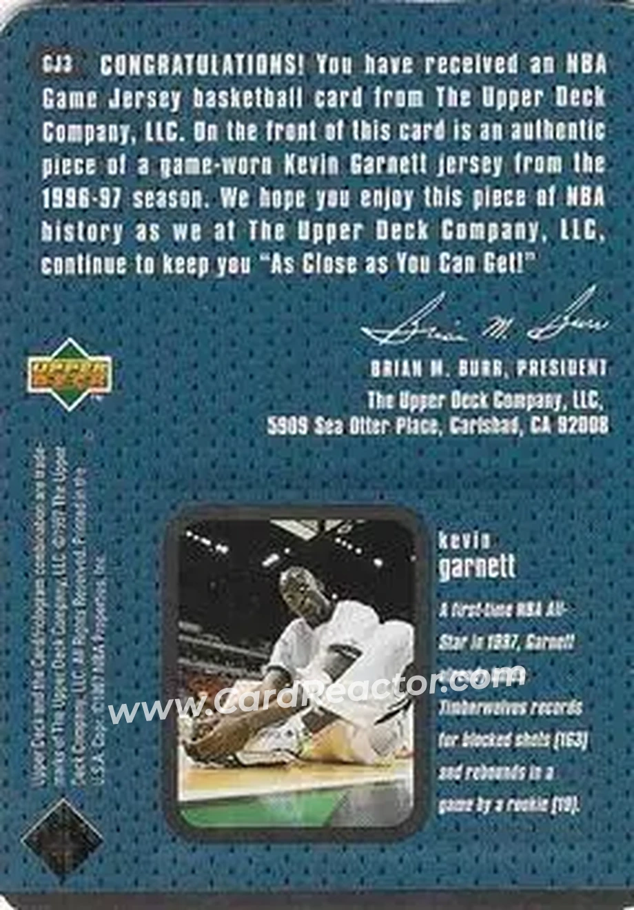 1997-98 Upper Deck - Game Jerseys #GJ3 - Kevin Garnett - Minnesota Timberwolves - Back