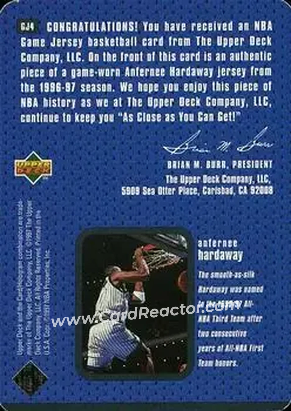 1997-98 Upper Deck - Game Jerseys #GJ4 - Anfernee Hardaway - Orlando Magic - Back 1997-98 Upper Deck - Game Jerseys #GJ4 - Anfernee Hardaway - Orlando Magic - Back