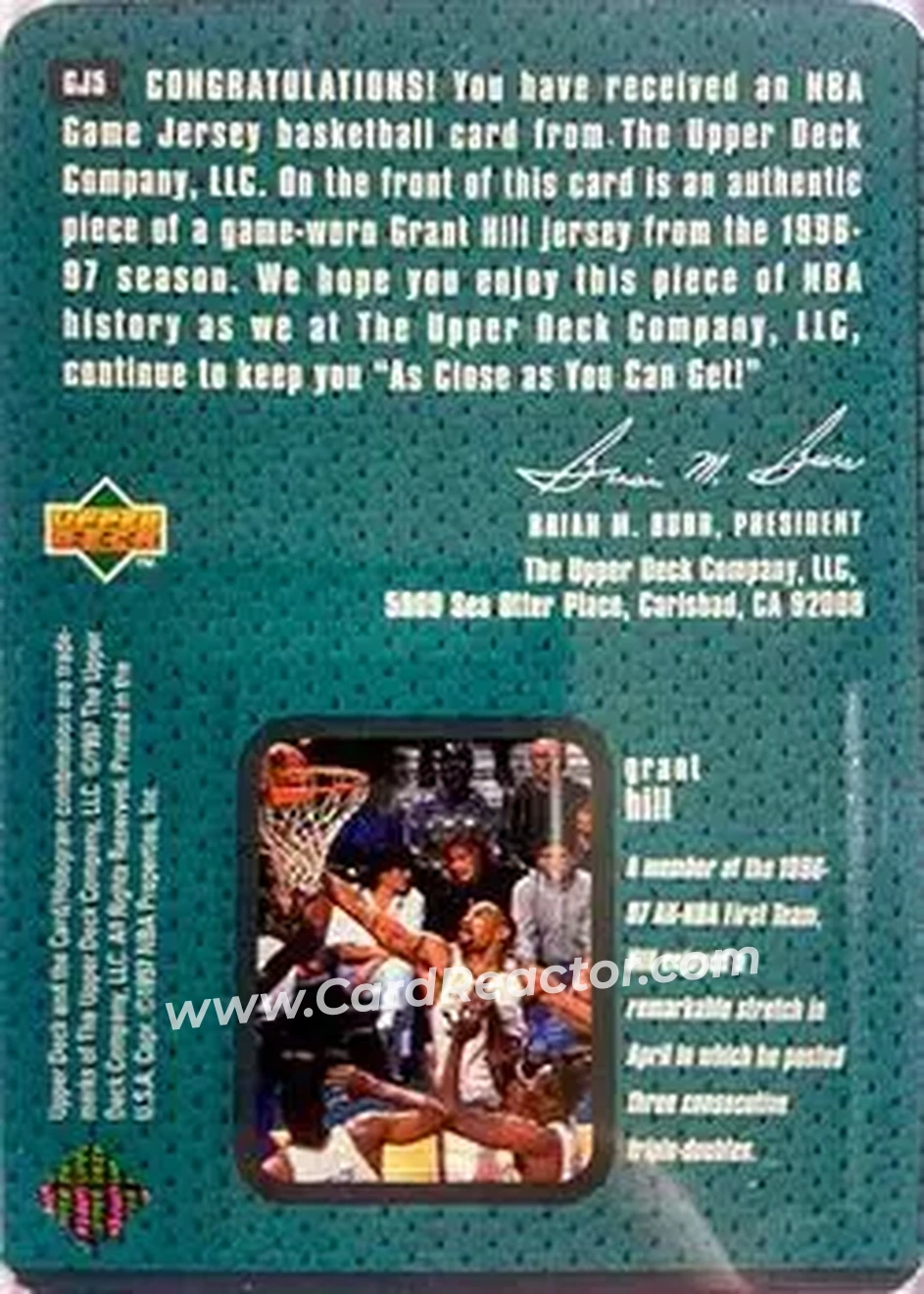 1997-98 Upper Deck - Game Jerseys #GJ5 - Grant Hill - Detroit Pistons - Back