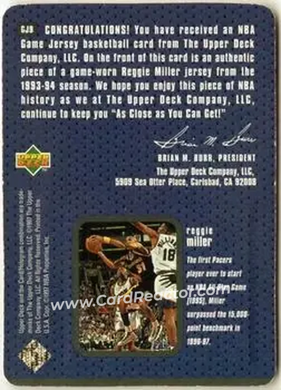1997-98 Upper Deck - Game Jerseys #GJ9 - Reggie Miller - Indiana Pacers - Back