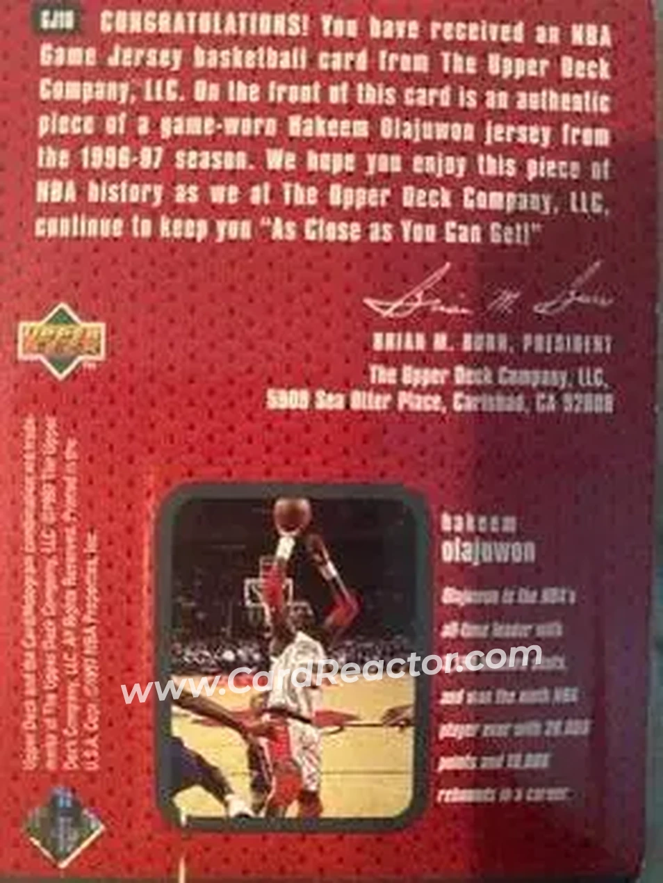 1997-98 Upper Deck - Game Jerseys #GJ10 - Hakeem Olajuwon - Houston Rockets - Back