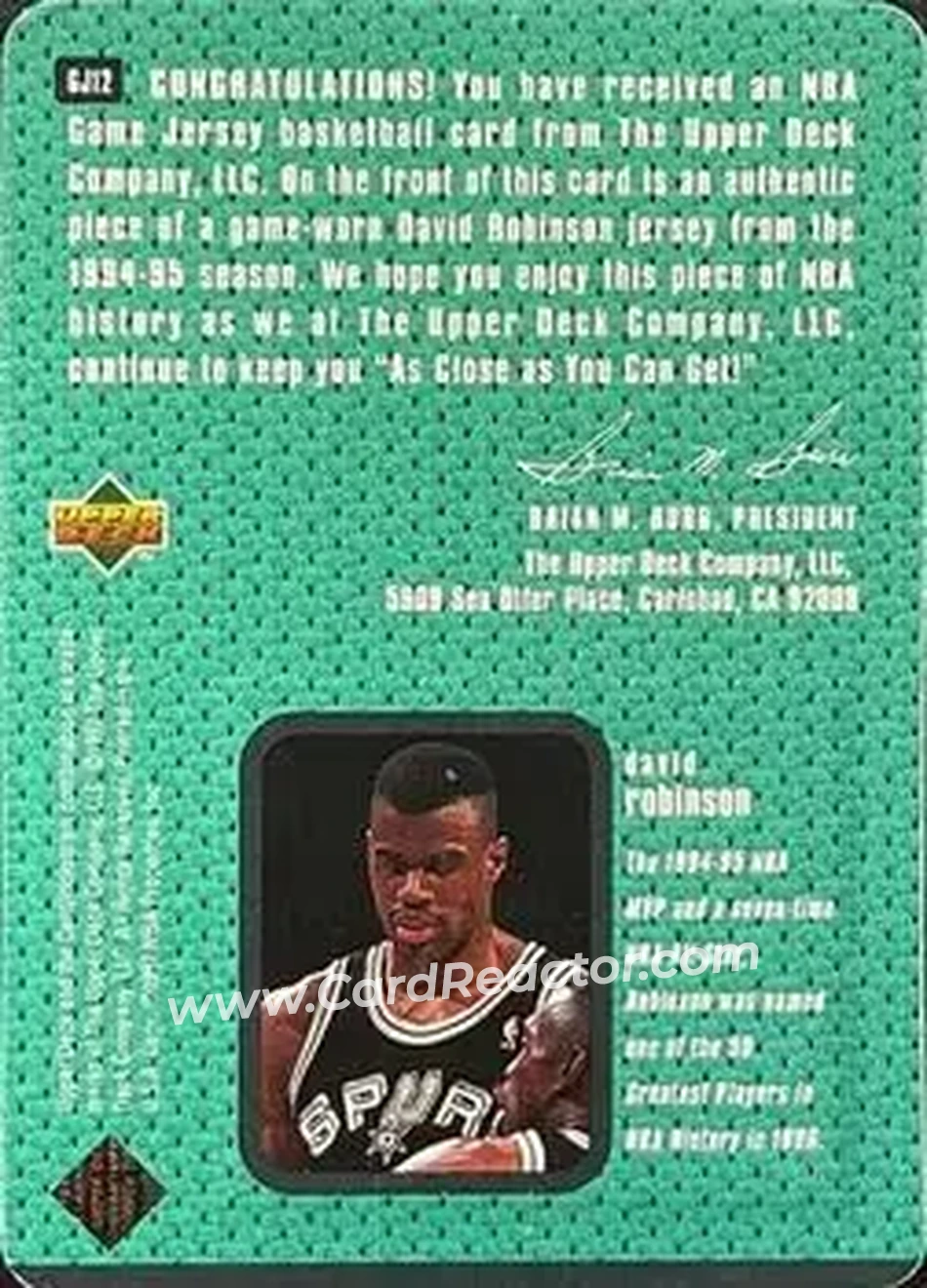 1997-98 Upper Deck - Game Jerseys #GJ12 - David Robinson - San Antonio Spurs - Back