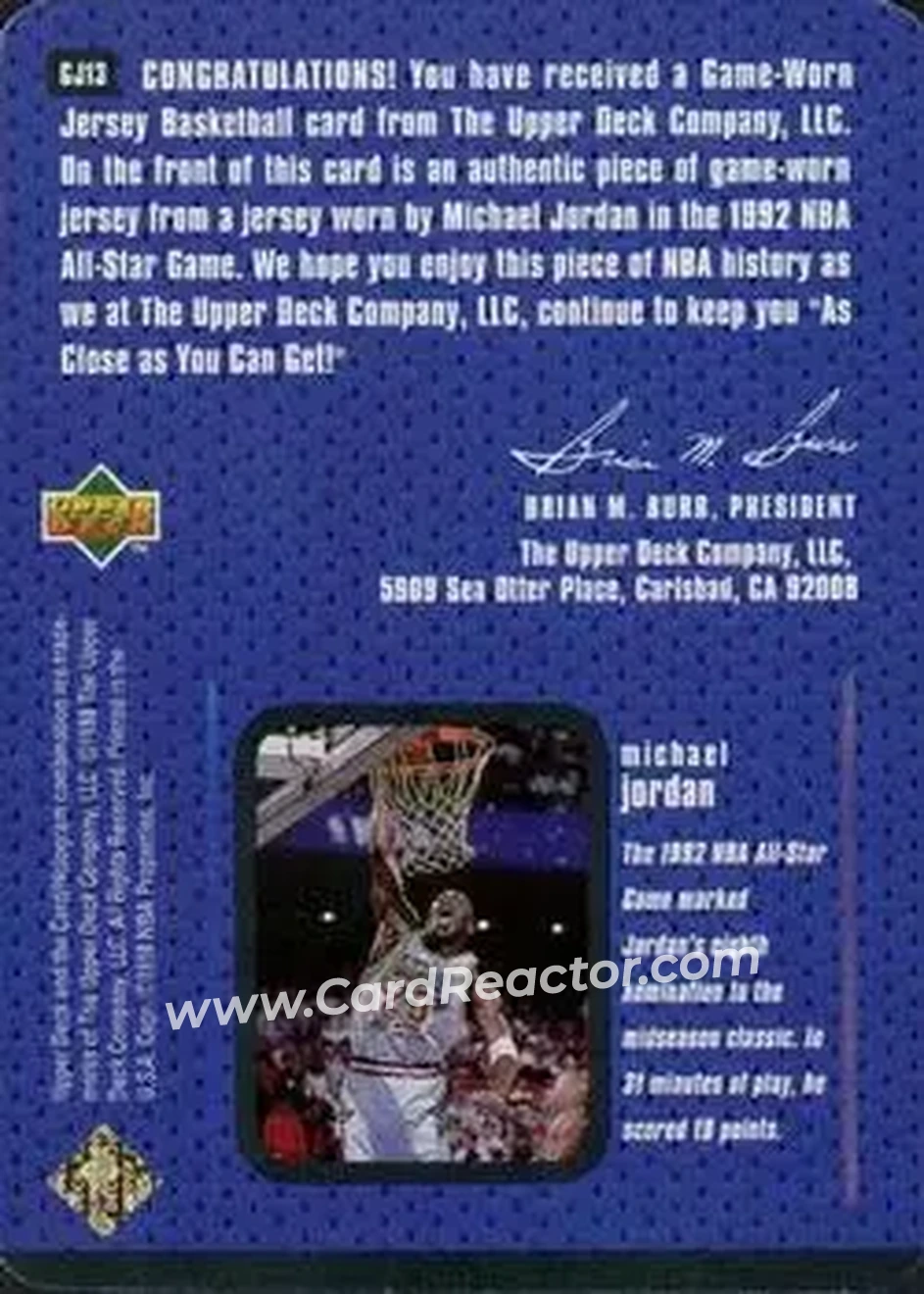1997-98 Upper Deck - Game Jerseys #GJ13 - Michael Jordan - Chicago Bulls - Back