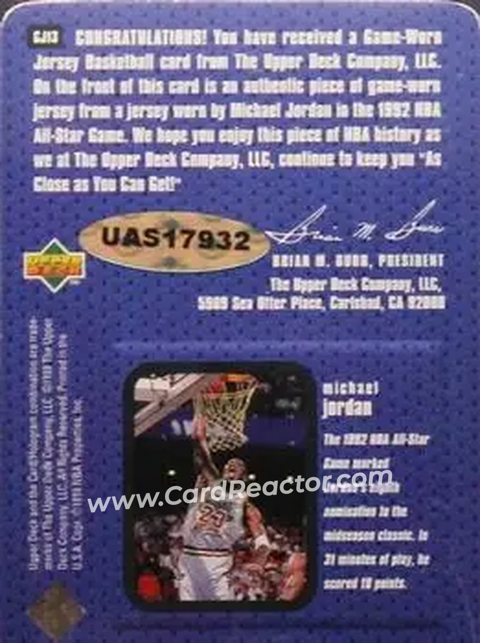 1997-98 Upper Deck - Game Jerseys #GJ13 - Michael Jordan - Chicago Bulls - Back