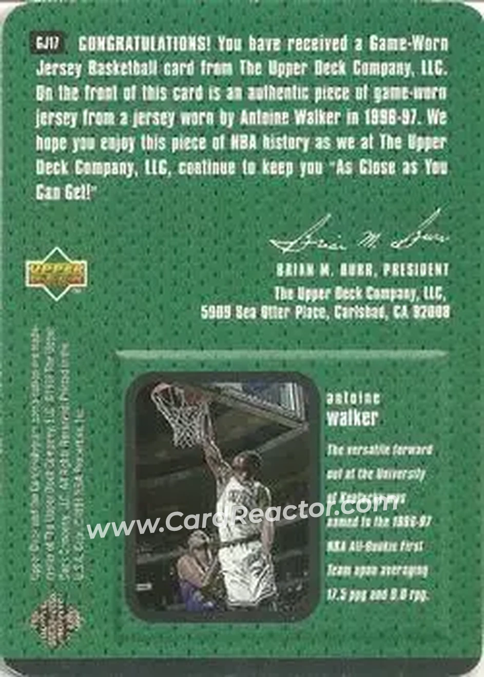 1997-98 Upper Deck - Game Jerseys #GJ17 - Antoine Walker - Boston Celtics - Back