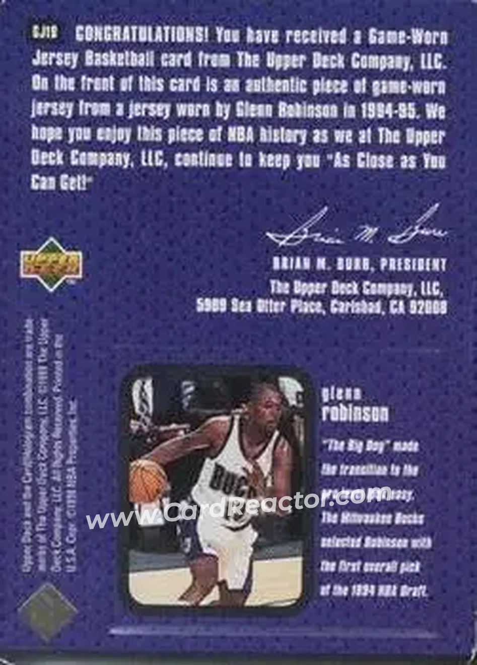 1997-98 Upper Deck - Game Jerseys #GJ19 - Glenn Robinson - Milwaukee Bucks - Back