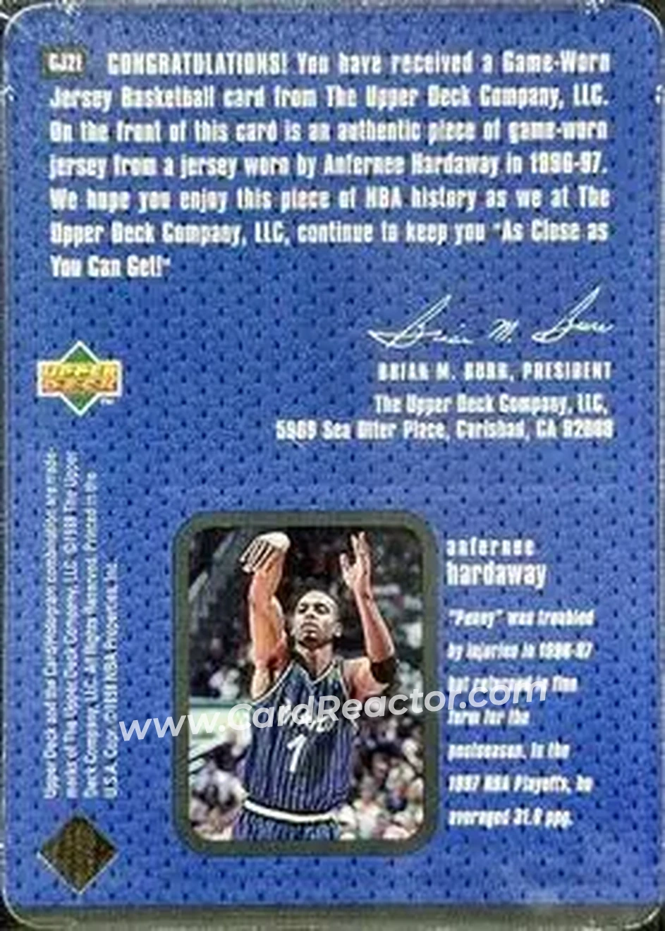 1997-98 Upper Deck - Game Jerseys #GJ21 - Anfernee Hardaway - Orlando Magic - Back