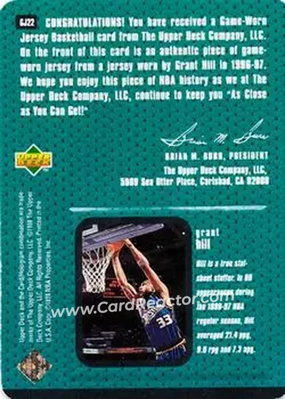 1997-98 Upper Deck - Game Jerseys #GJ22 - Grant Hill - Detroit Pistons - Back