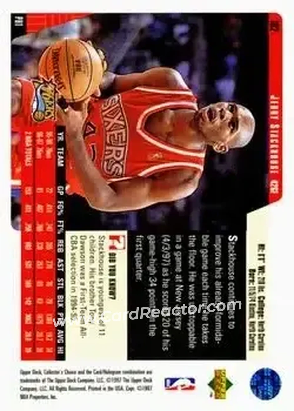 1997-98 Collector's Choice #102 - Jerry Stackhouse - Philadelphia 76ers - Back