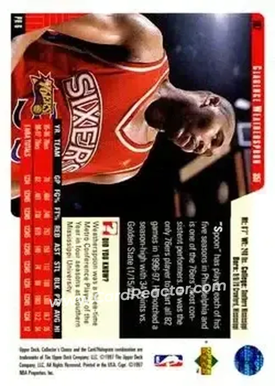 1997-98 Collector's Choice #107 - Clarence Weatherspoon - Philadelphia 76ers - Back 1997-98 Collector's Choice #107 - Clarence Weatherspoon - Philadelphia 76ers - Back