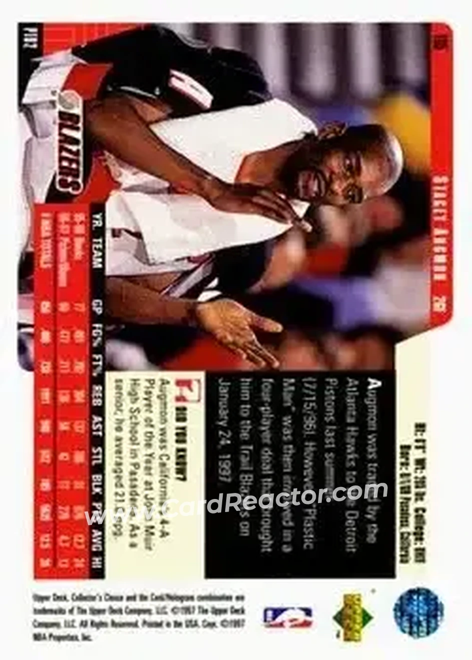 1997-98 Collector's Choice #115 - Stacey Augmon - Portland Trail Blazers - Back 1997-98 Collector's Choice #115 - Stacey Augmon - Portland Trail Blazers - Back