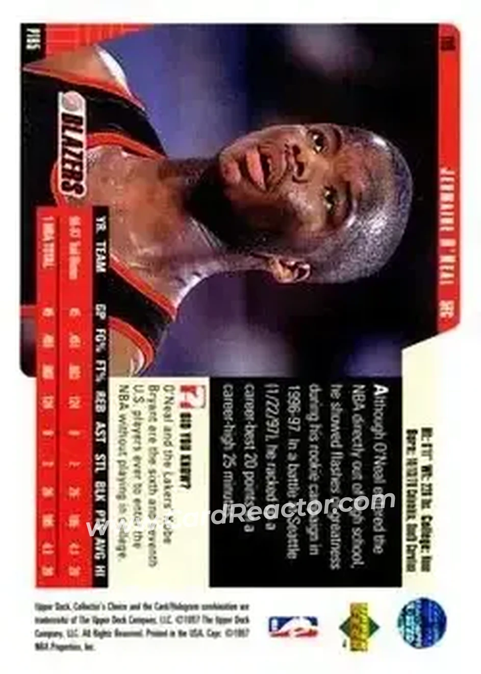 1997-98 Collector's Choice #118 - Jermaine O'Neal - Portland Trail Blazers - Back