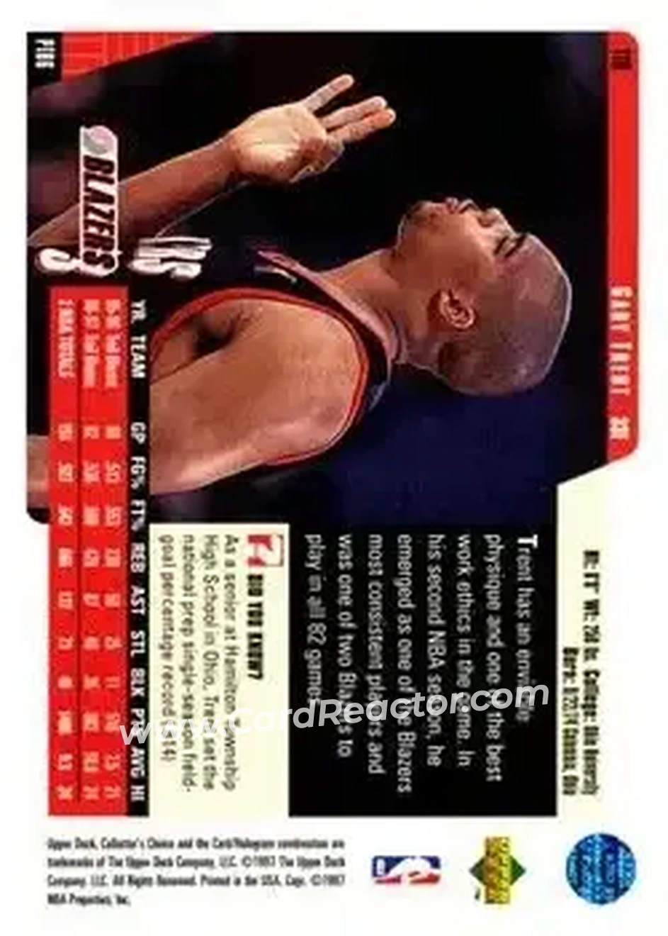 1997-98 Collector's Choice #119 - Gary Trent - Portland Trail Blazers - Back