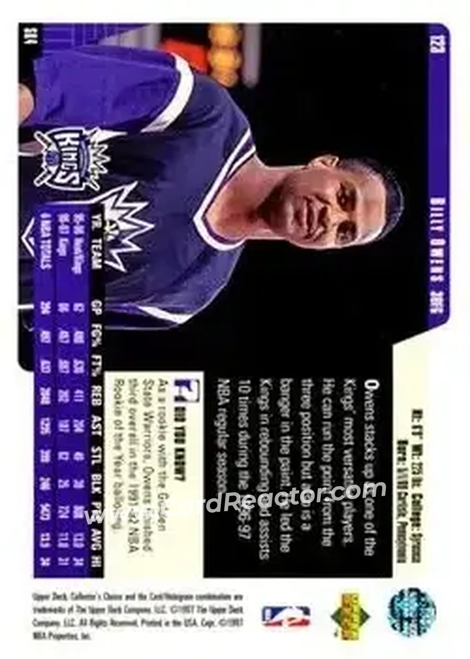 1997-98 Collector's Choice #123 - Billy Owens - Sacramento Kings - Back