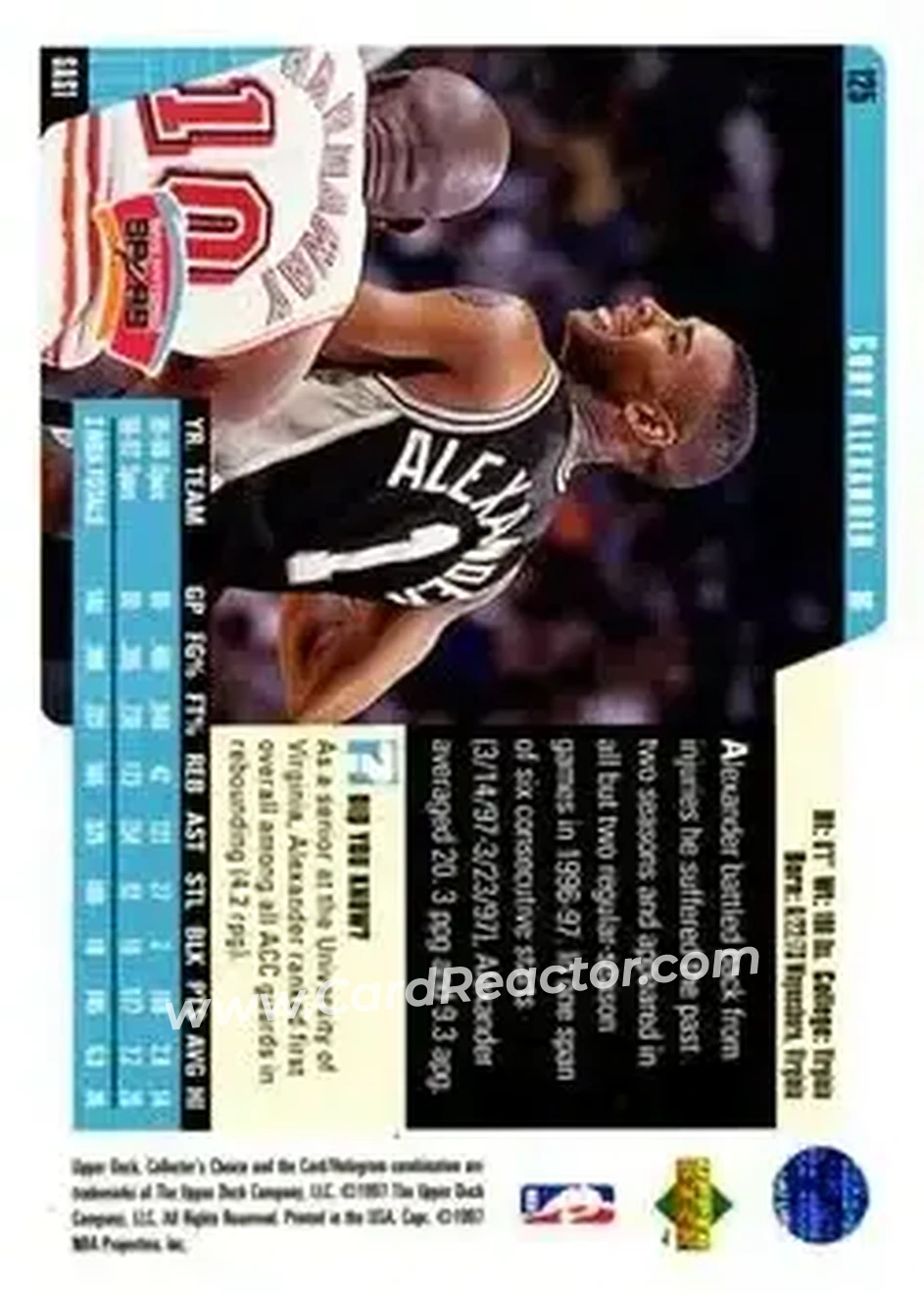 1997-98 Collector's Choice #125 - Cory Alexander - San Antonio Spurs - Back