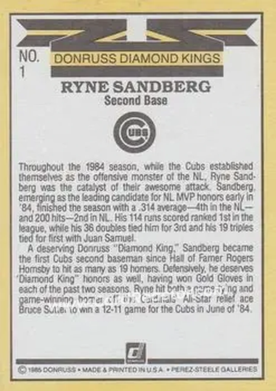 1985 Donruss #1 - Ryne Sandberg - Chicago Cubs - Back