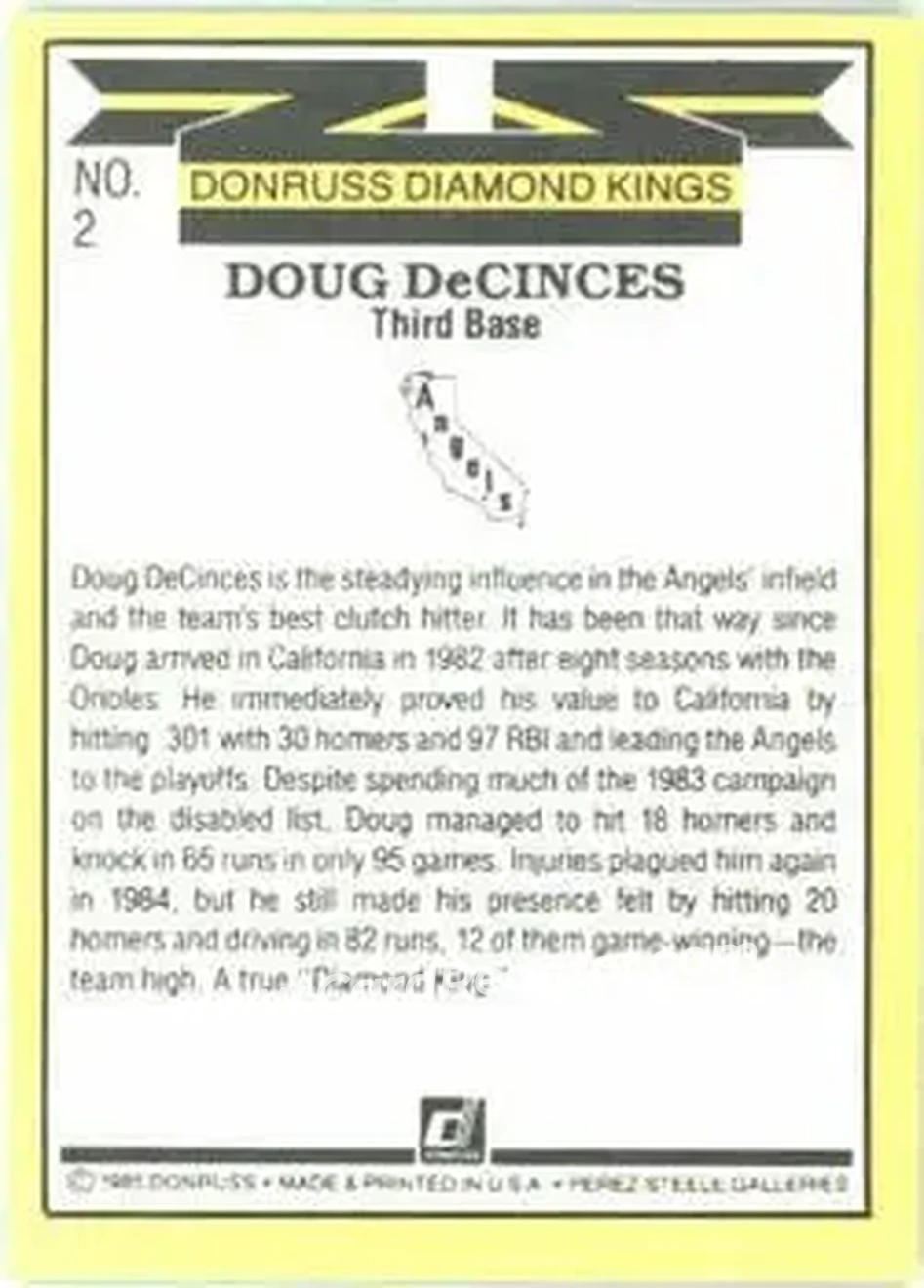 1985 Donruss #2 - Doug DeCinces - California Angels - Back