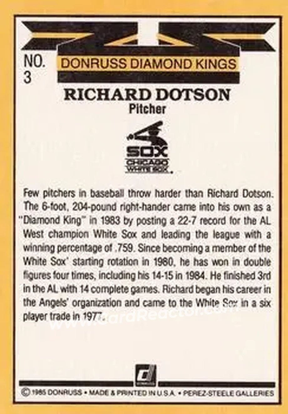 1985 Donruss #3 - Rich Dotson - Chicago White Sox - Back