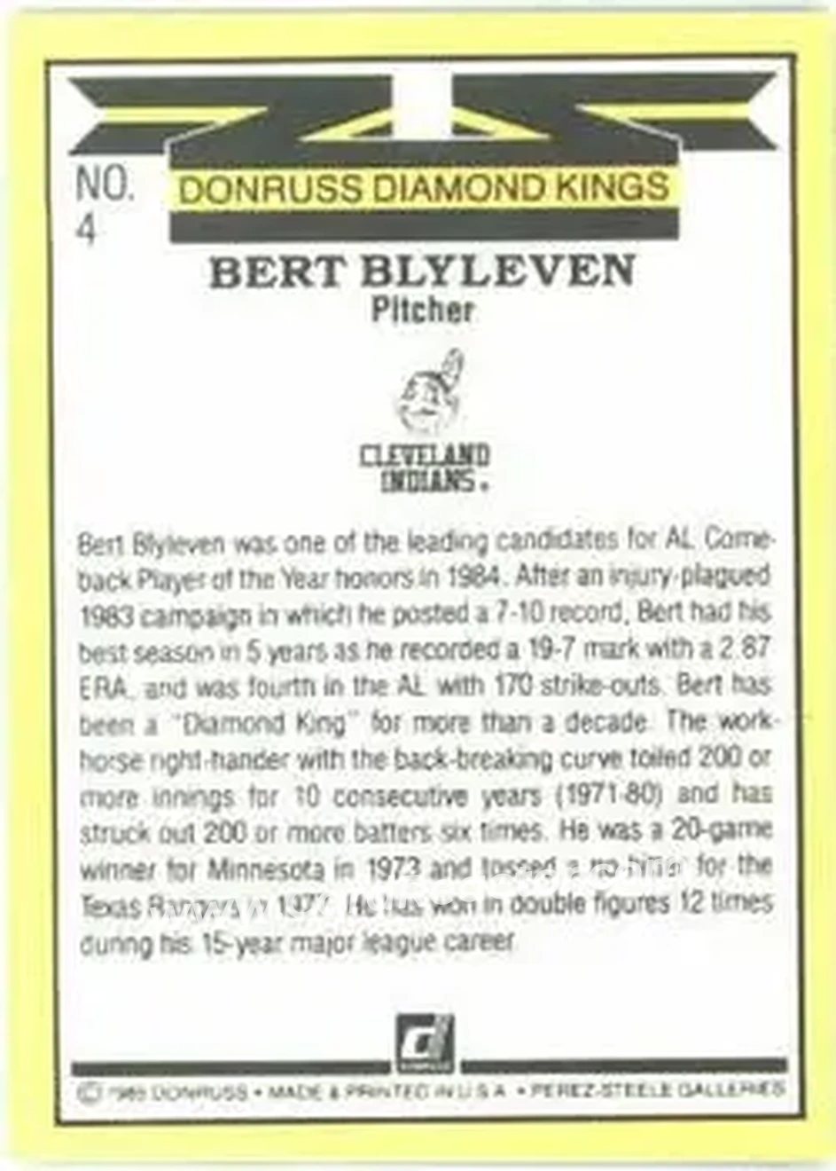 1985 Donruss #4 - Bert Blyleven - Cleveland Indians - Back