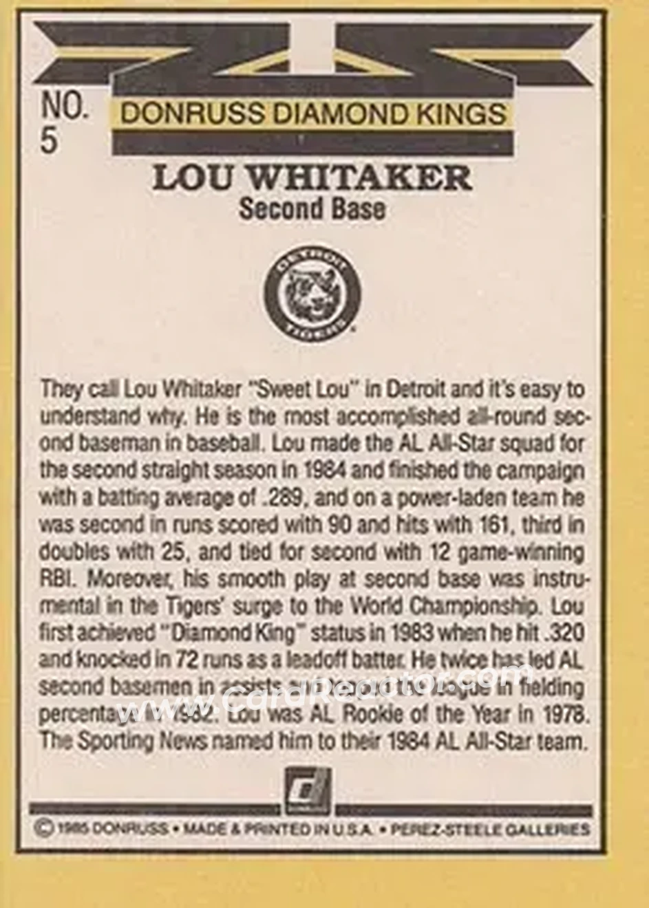 1985 Donruss #5 - Lou Whitaker - Detroit Tigers - Back