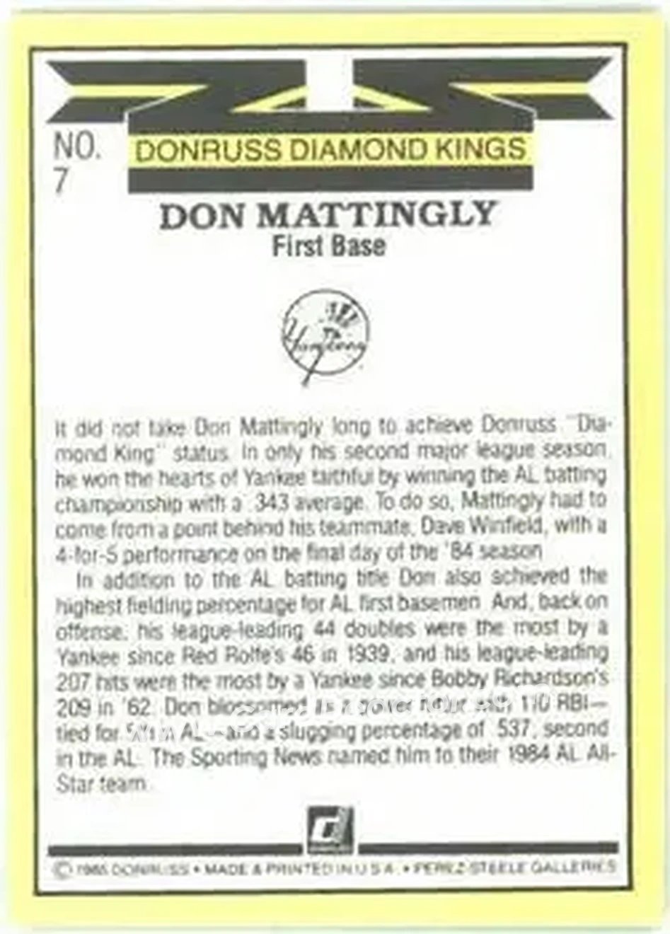 1985 Donruss #7 - Don Mattingly - New York Yankees - Back