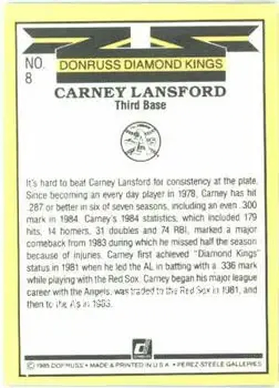 1985 Donruss #8 - Carney Lansford - Oakland Athletics - Back