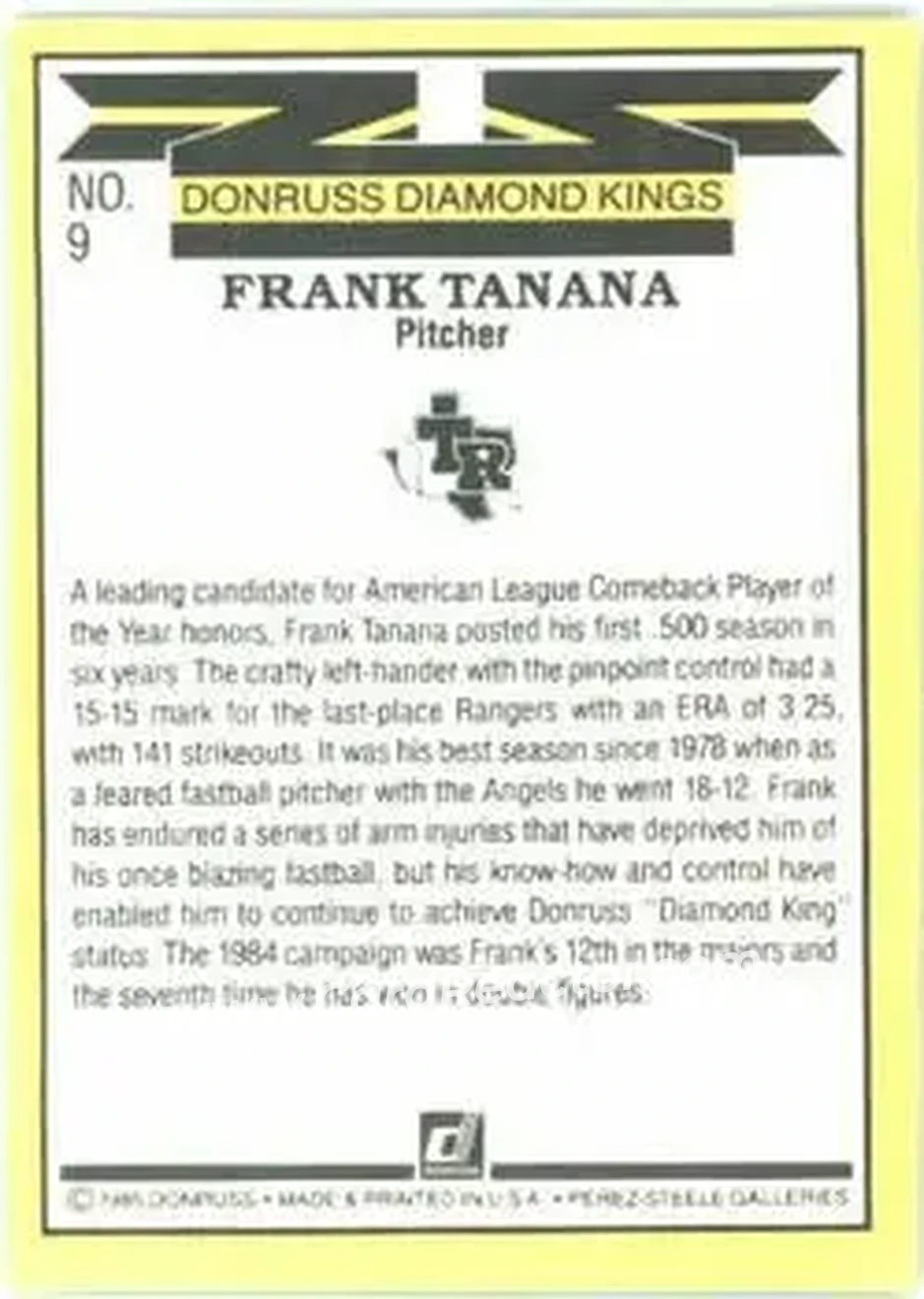 1985 Donruss #9 - Frank Tanana - Texas Rangers - Back