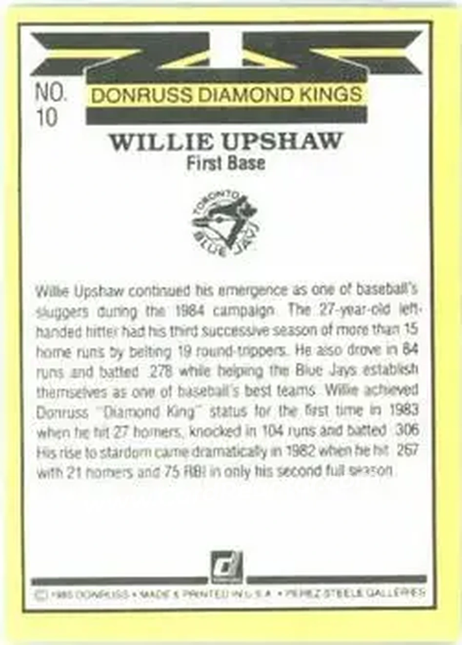1985 Donruss #10 - Willie Upshaw - Toronto Blue Jays - Back