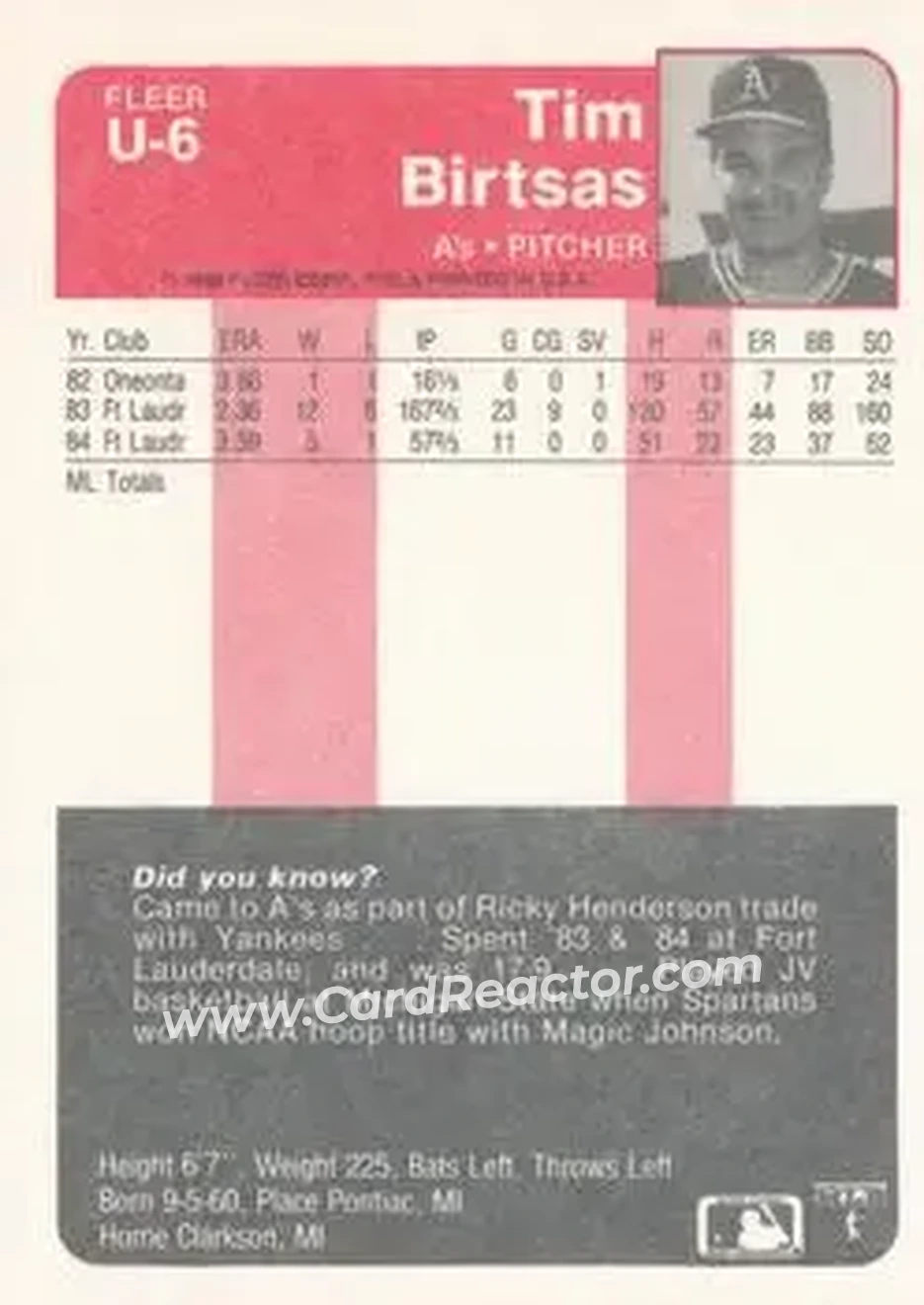 1985 Fleer Update #U-6 - Tim Birtsas - Oakland Athletics - Back