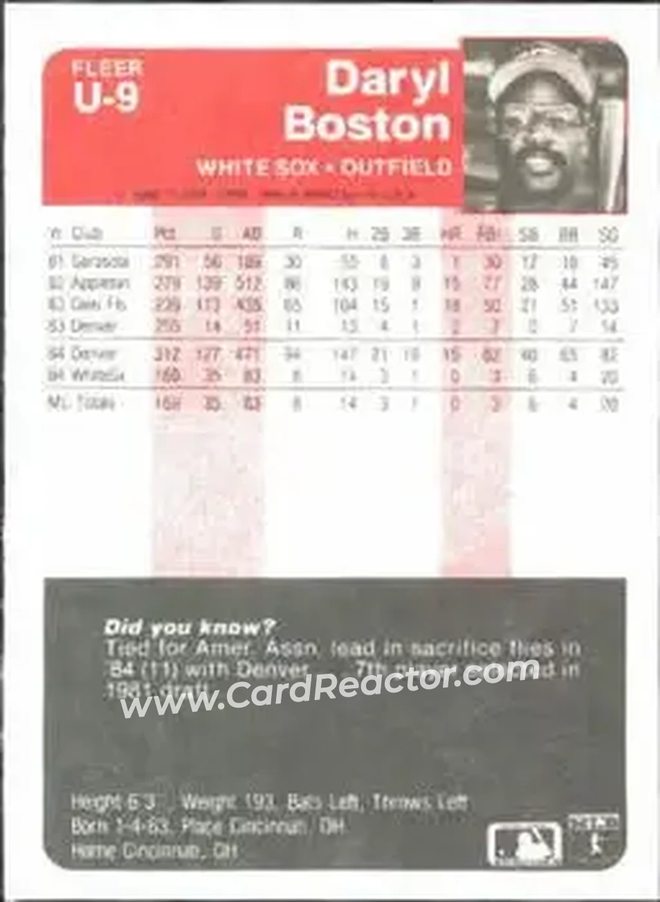 1985 Fleer Update #U-9 - Daryl Boston - Chicago White Sox - Back