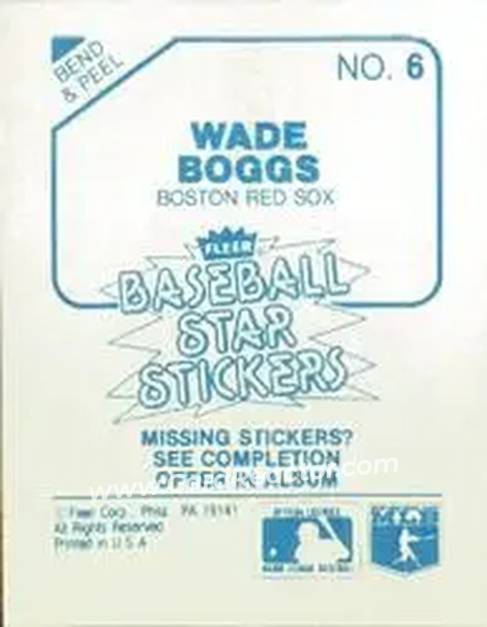 1985 Fleer Star Stickers #6 - Wade Boggs - Boston Red Sox - Back