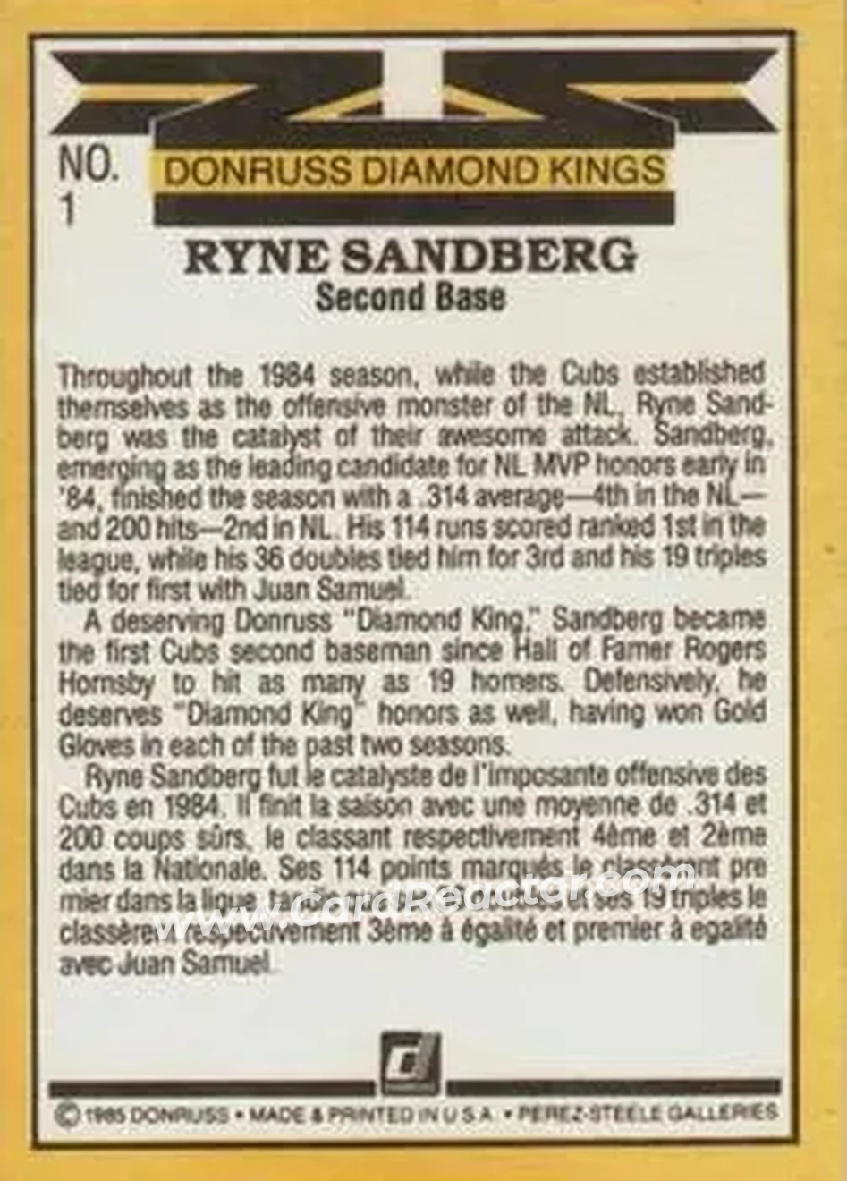 1985 Leaf #1 - Ryne Sandberg - Chicago Cubs - Back