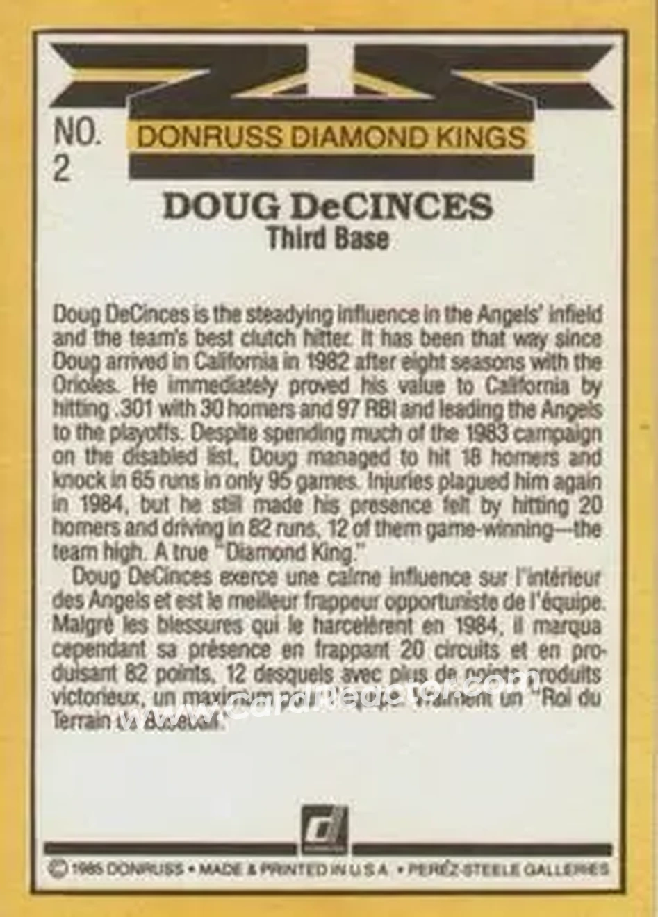 1985 Leaf #2 - Doug DeCinces - California Angels - Back