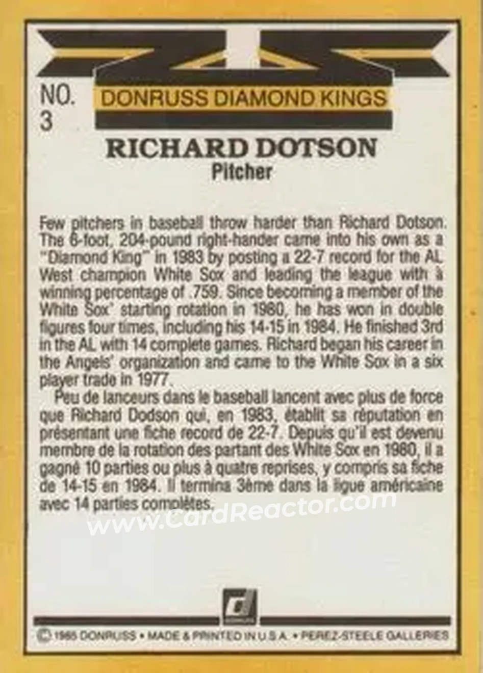 1985 Leaf #3 - Rich Dotson - Chicago White Sox - Back