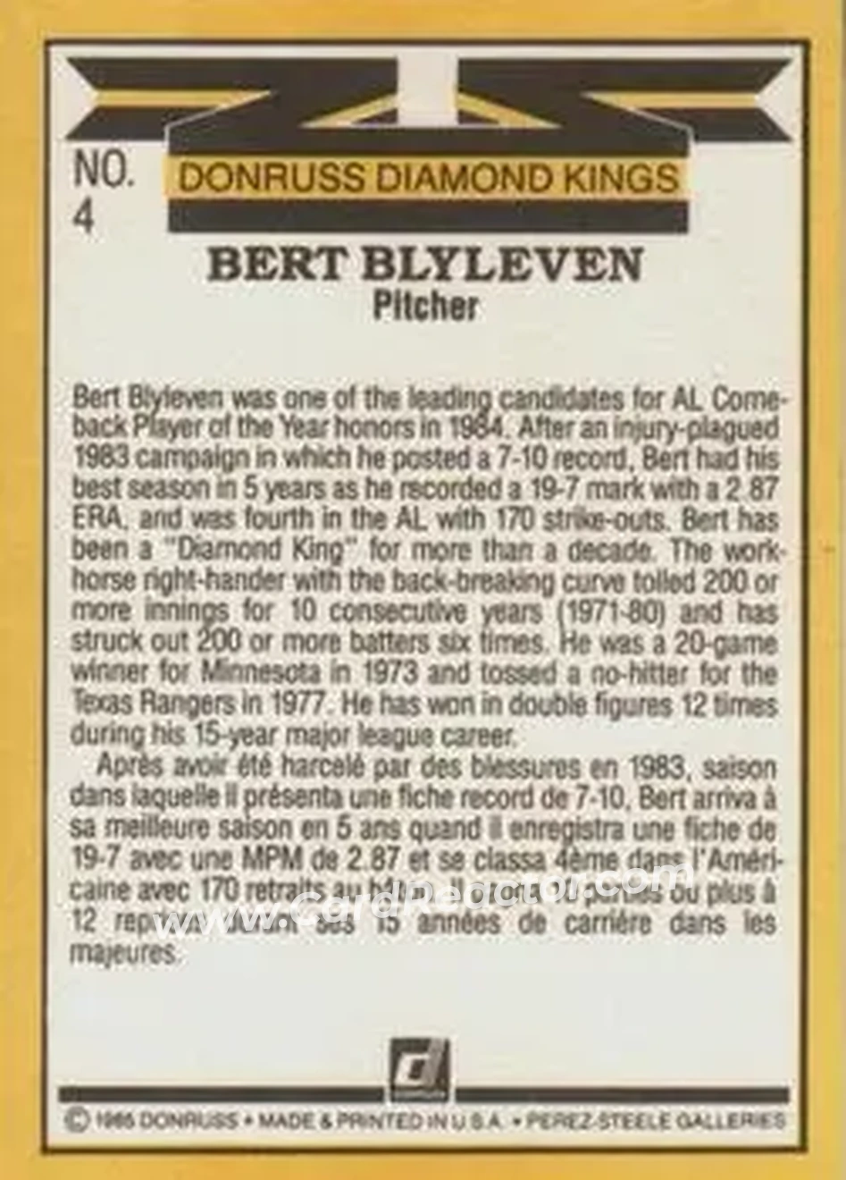 1985 Leaf #4 - Bert Blyleven - Cleveland Indians - Back