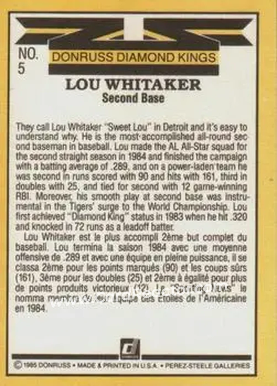 1985 Leaf #5 - Lou Whitaker - Detroit Tigers - Back