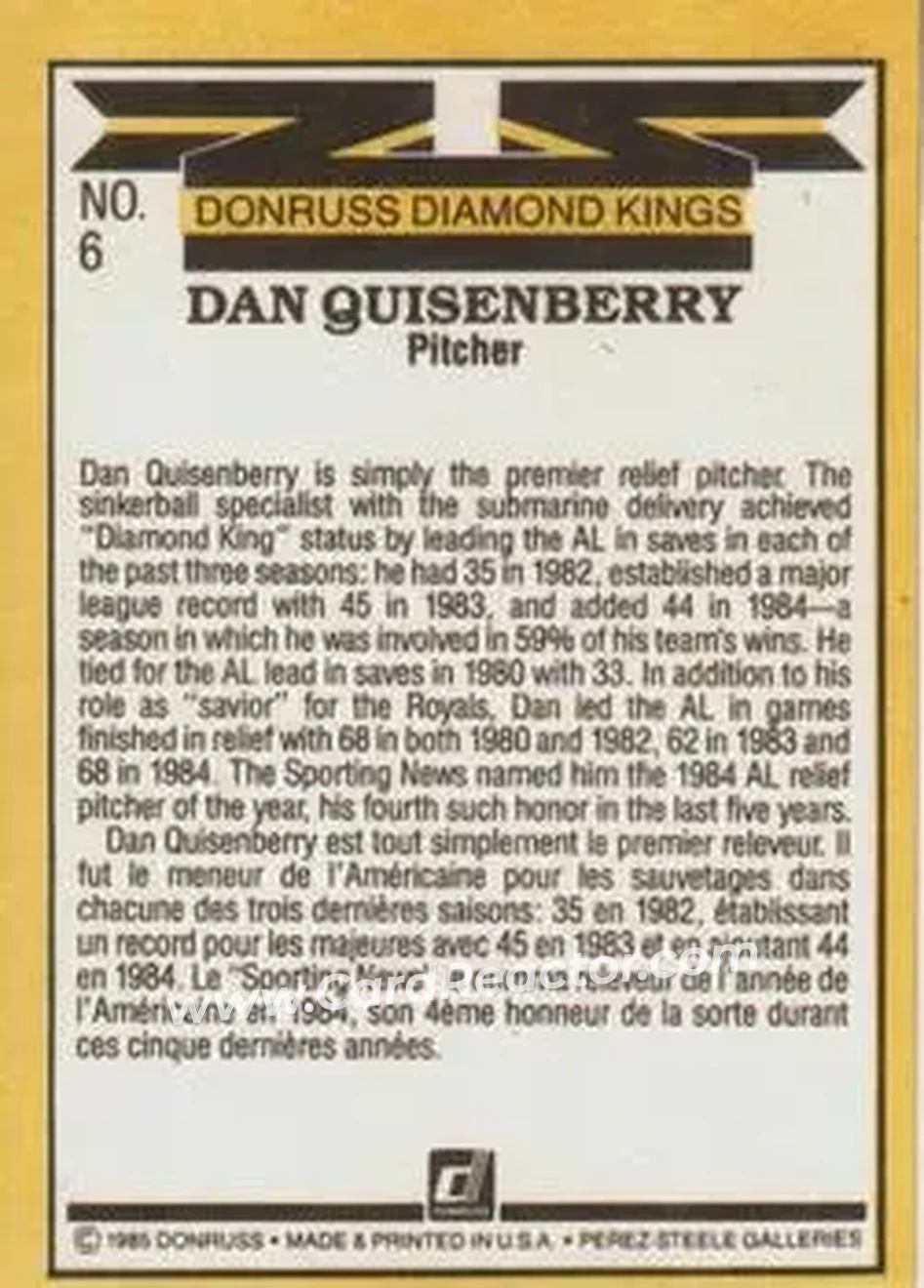 1985 Leaf #6 - Dan Quisenberry - Kansas City Royals - Back