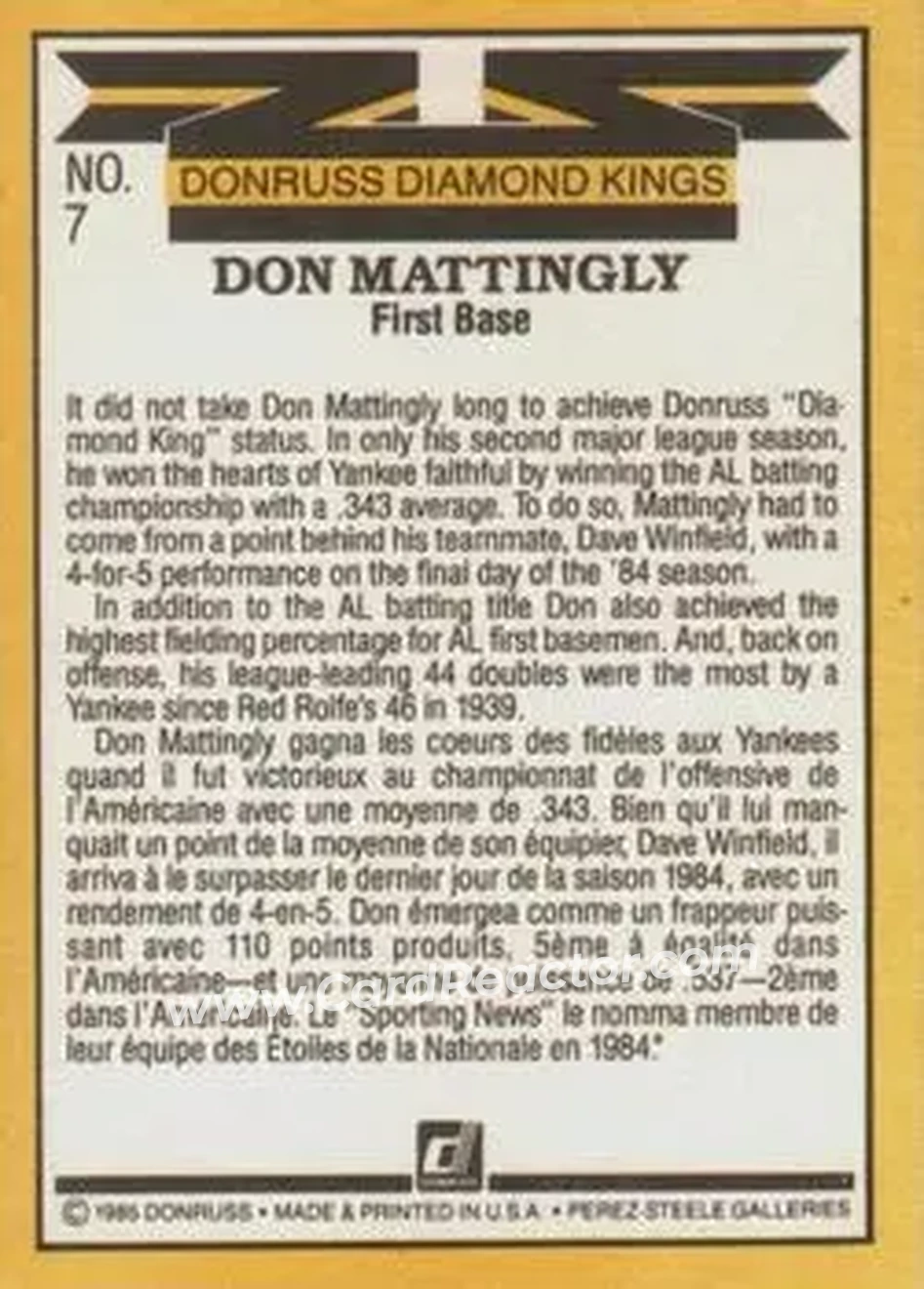 1985 Leaf #7 - Don Mattingly - New York Yankees - Back
