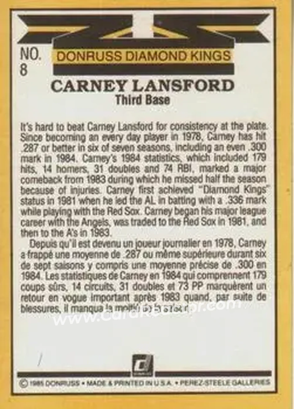 1985 Leaf #8 - Carney Lansford - Oakland Athletics - Back