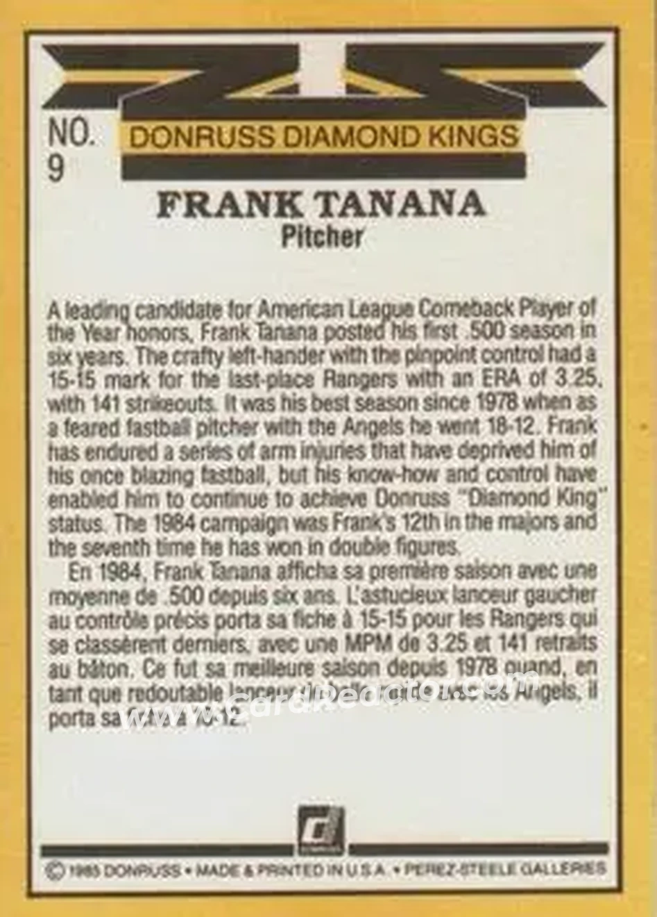 1985 Leaf #9 - Frank Tanana - Texas Rangers - Back