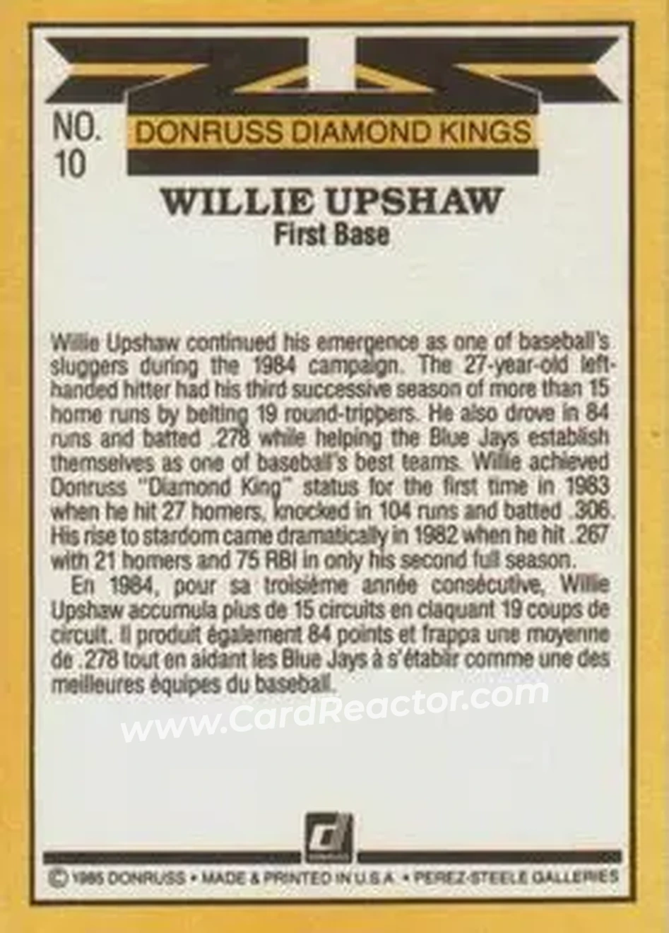 1985 Leaf #10 - Willie Upshaw - Toronto Blue Jays - Back