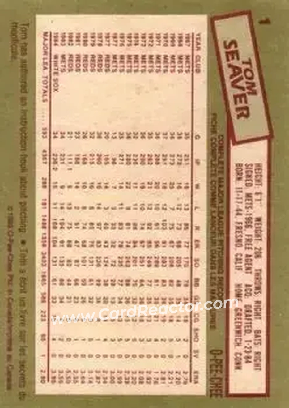 1985 O-Pee-Chee #1 - Tom Seaver - Chicago White Sox - Back