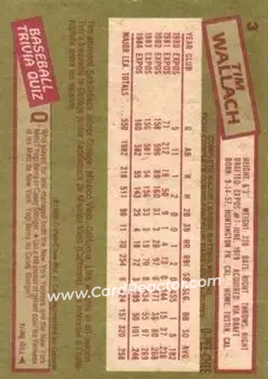 1985 O-Pee-Chee #3 - Tim Wallach - Montreal Expos - Back