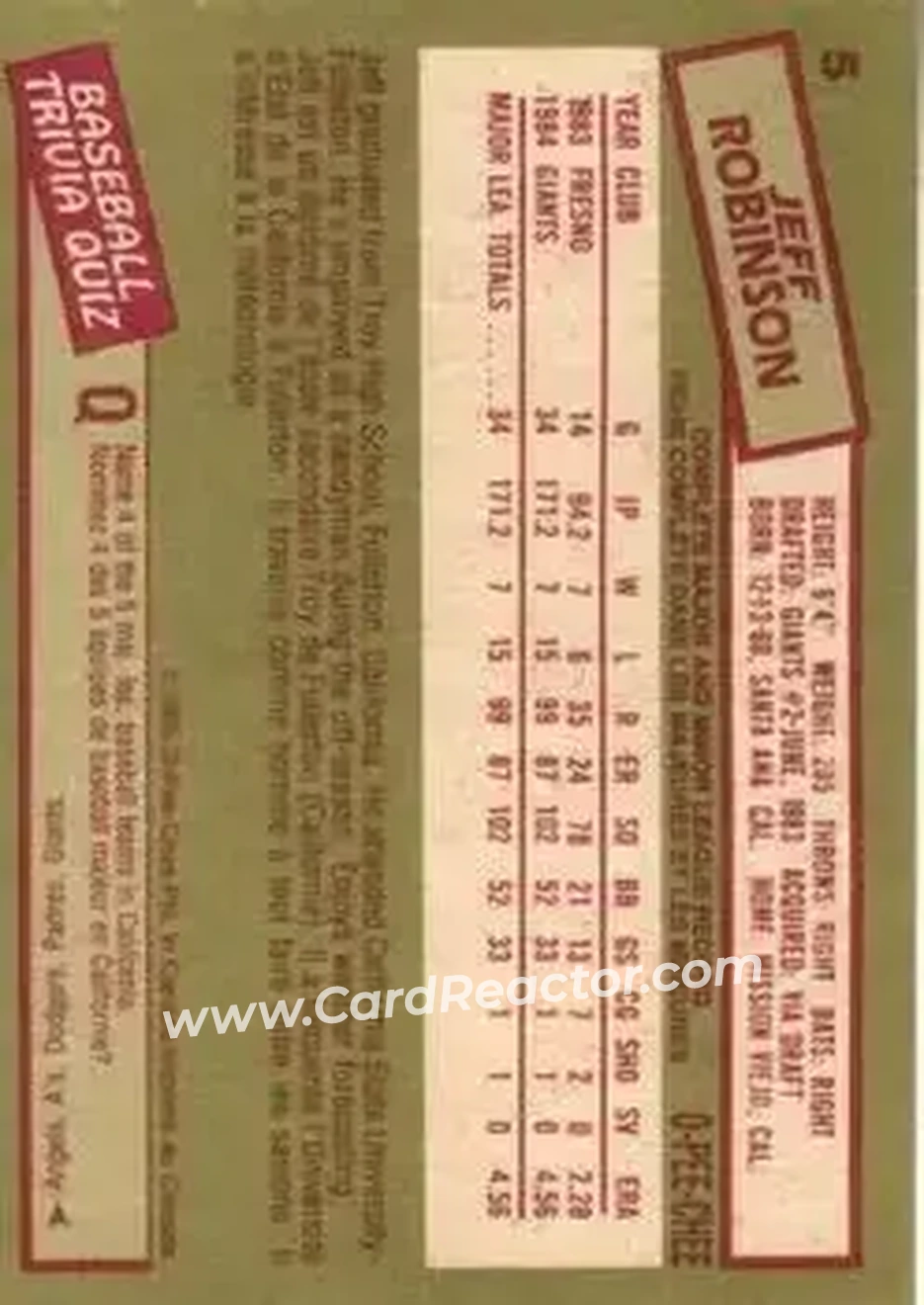 1985 O-Pee-Chee #5 - Jeff Robinson - San Francisco Giants - Back
