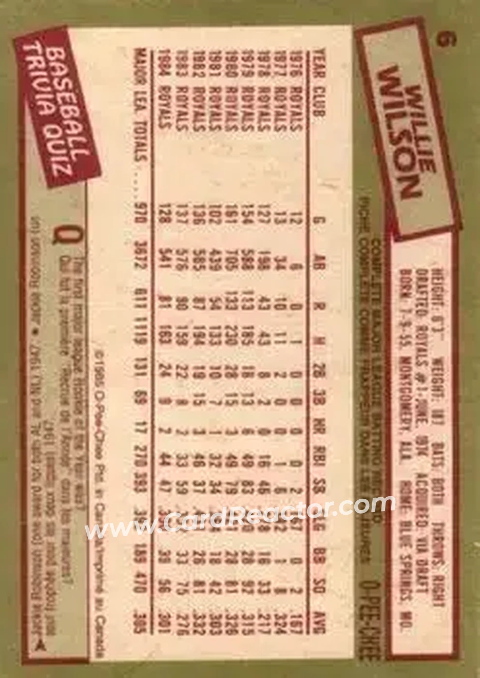 1985 O-Pee-Chee #6 - Willie Wilson - Kansas City Royals - Back
