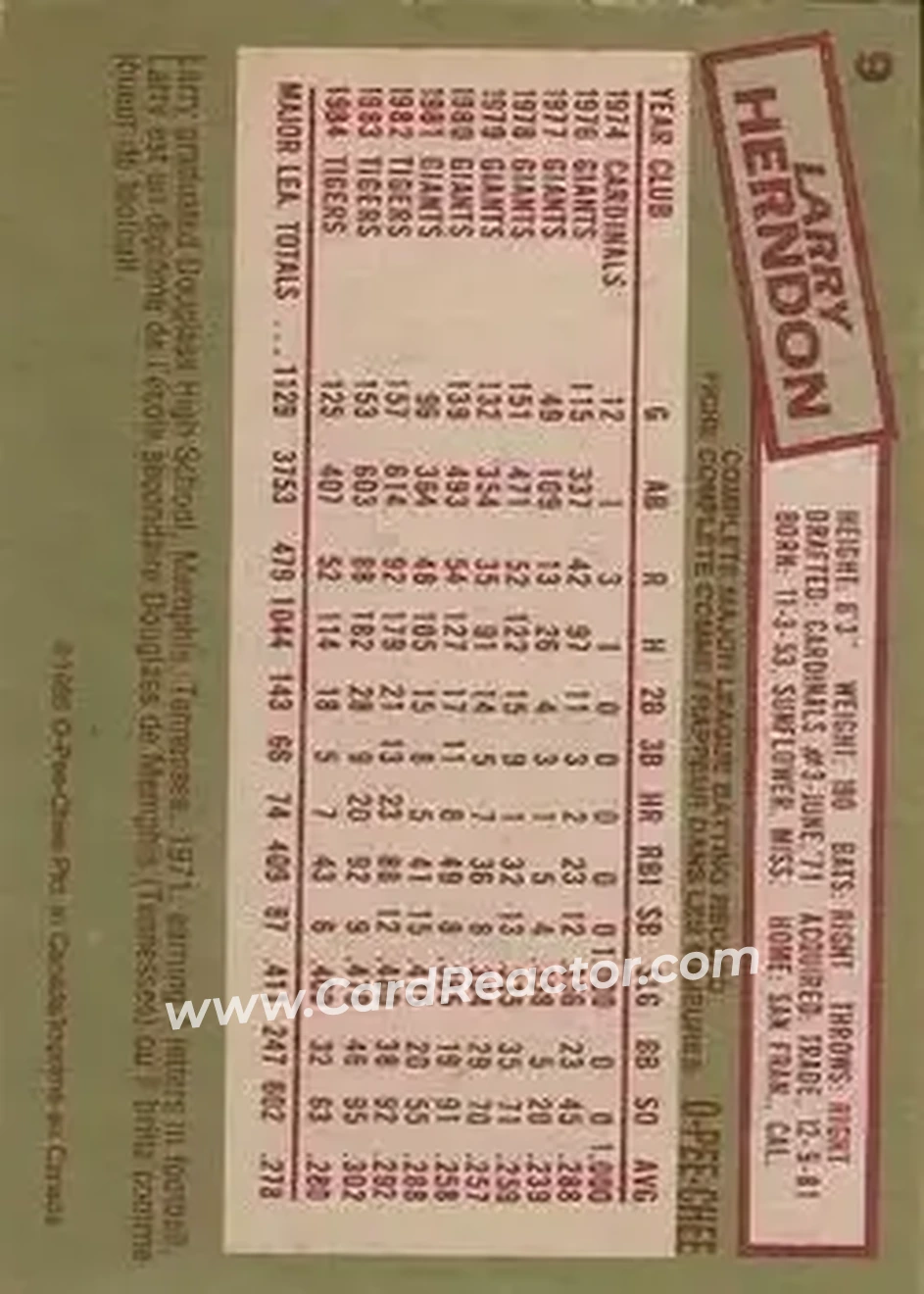 1985 O-Pee-Chee #9 - Larry Herndon - Detroit Tigers - Back