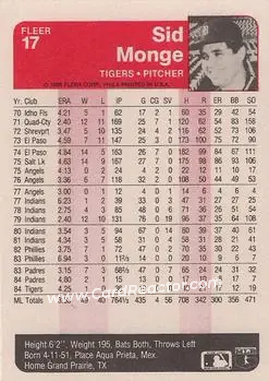 1985 Fleer #17 - Sid Monge - Detroit Tigers - Back 1985 Fleer #17 - Sid Monge - Detroit Tigers - Back