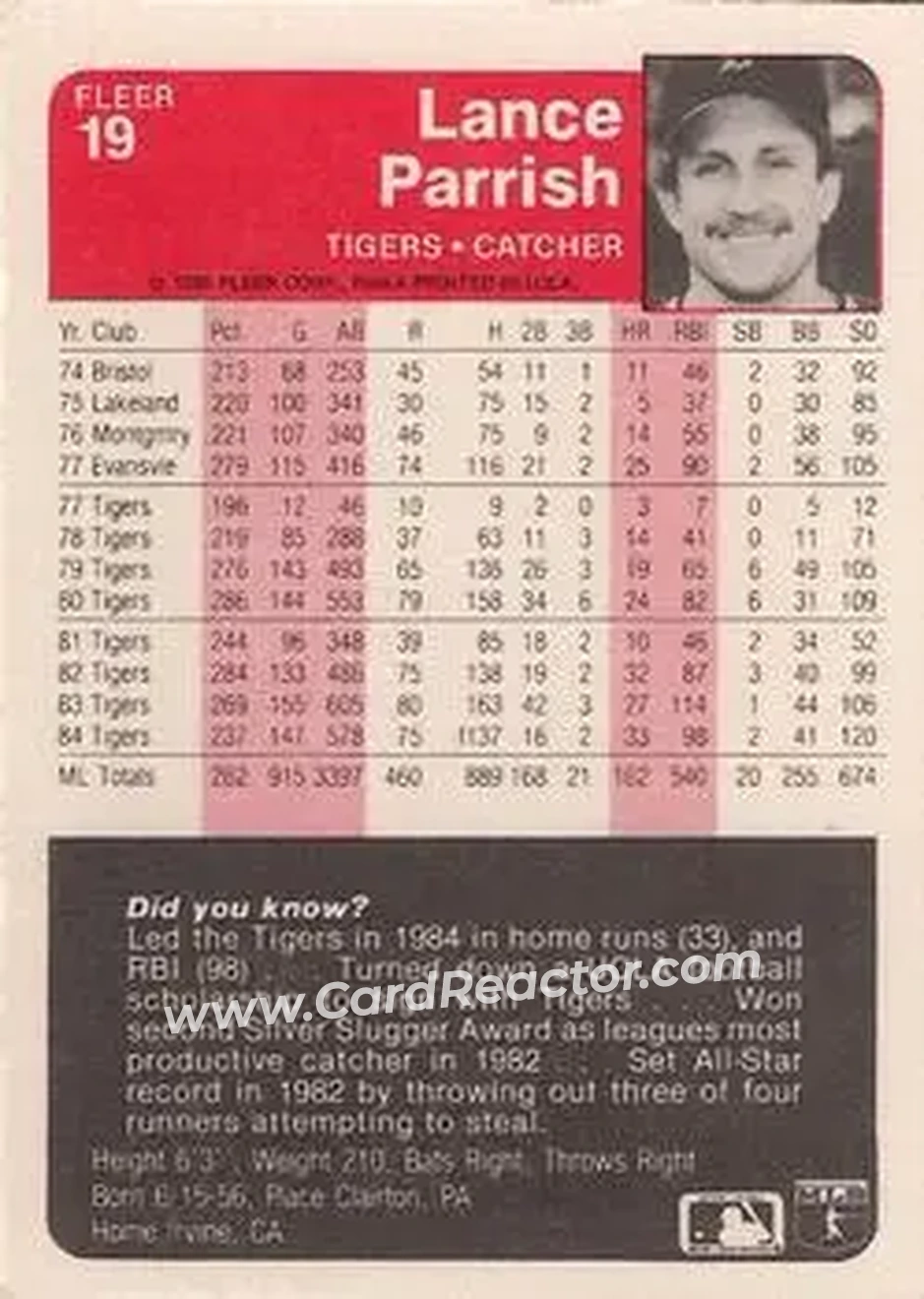 1985 Fleer #19 - Lance Parrish - Detroit Tigers - Back