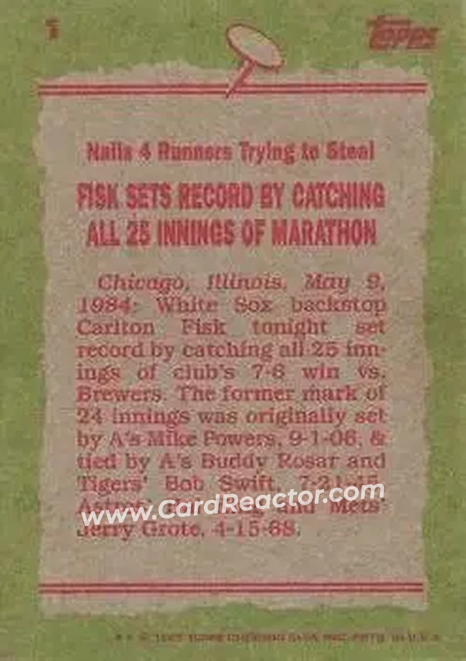 1985 Topps #1 - Carlton Fisk - Chicago White Sox - Back