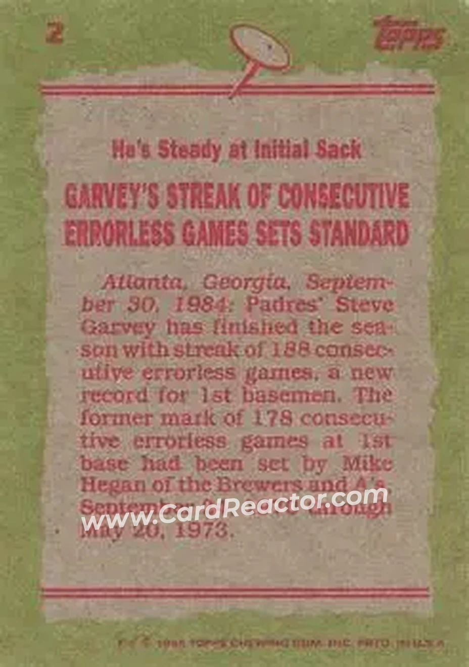 1985 Topps #2 - Steve Garvey - San Diego Padres - Back